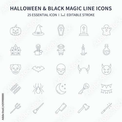 Halloween and black magic line icons collection with spooky witch ghost skull pumpkin and occult symbols