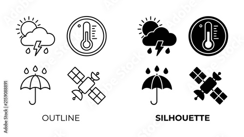 Weather Icons: A collection of weather icons illustrating sunshine, rain, thunder, thermometer, satellite, and umbrella, presented in both outline and silhouette styles for diverse applications.