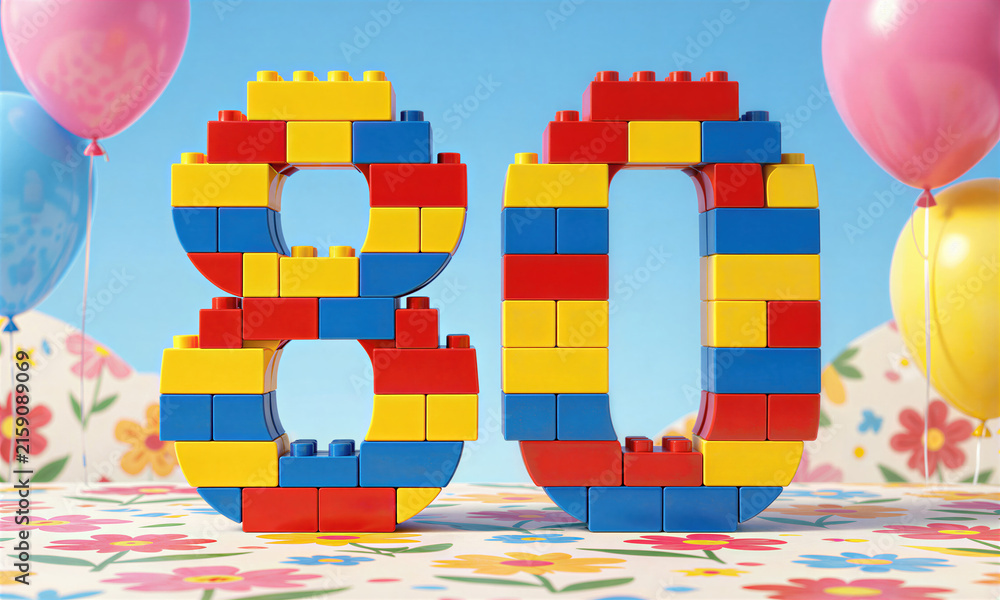 Naklejka premium Colorful Lego blocks form 80 on a birthday table with balloons.