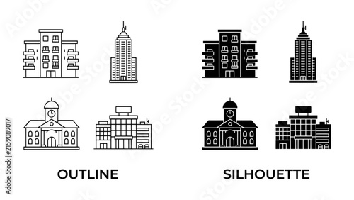 Building Icons: A collection of simplified line art and solid silhouette icons representing various types of buildings, including offices and classical architecture.