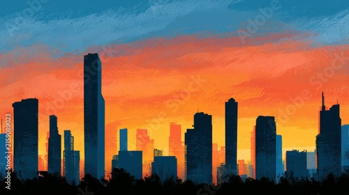 Modern city skyline silhouette against vibrant orange and blue sunset sky