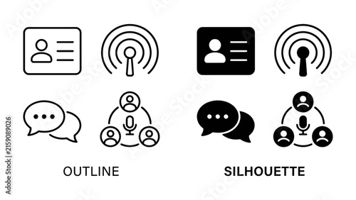 Communication Icons: A set of clean graphic icons illustrating communication and broadcasting, featuring an ID card, podcast symbol, speech bubbles, and a network of people around a microphone.