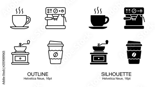 Coffee Essentials: A curated collection of graphic icons representing the essential elements of coffee brewing, including a steaming cup, espresso machine, coffee grinder.