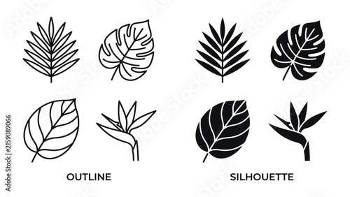 Tropical Leaf Icons: A collection of elegant outline and silhouette icons featuring diverse tropical leaves and a bird of paradise flower, perfect for graphic design and branding.