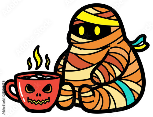 A cute wrapped character resembling an ancient Egyptian phantom sits peacefully while enjoying a warm steaming beverage from a festive ceramic vessel decorated with a scary grinning pumpkin face