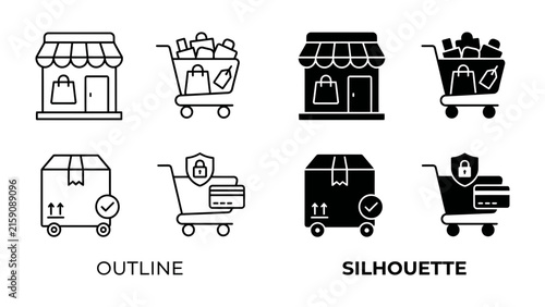 Shopping icons: A collection of outline and silhouette icons representing various aspects of online shopping, including storefronts, shopping carts filled with goods, packages.