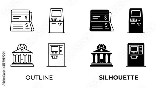 Banking Icons: A set of outline and silhouette icons representing banking services, including a bank building, ATM, and checkbook, symbolizing financial transactions and institutions.