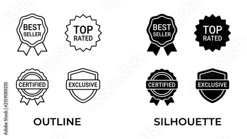Award Icons Set: A collection of award icons, including Best Seller, Top Rated, Certified, and Exclusive labels, presented in both outline and silhouette styles.