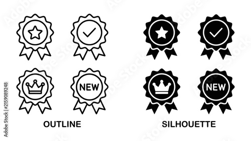 Award Seal Icons: A collection of stylized award seals, featuring a star, checkmark, crown, and new badge, presented in both outline and silhouette forms. These graphic elements represent quality.