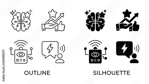 AI Concept Icons: A set of clean and modern icons representing Artificial Intelligence, featuring stylized brains, gears, growth charts, robots, and speech bubbles with lightning bolts.