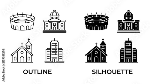 Collection of Building Icons: A set of stylized icons representing various buildings, including a stadium, a government building with a dome, and a church.