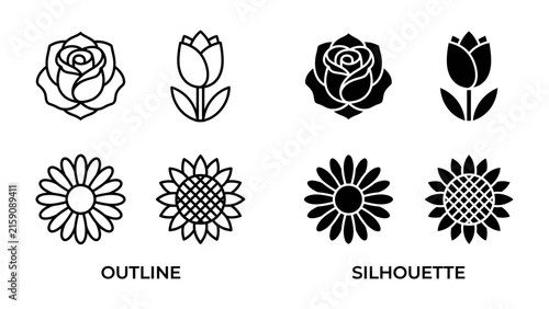 Floral Icon Set: A collection of stylized floral icons, featuring roses, tulips, daisies, and sunflowers, presented in both outline and silhouette forms, representing nature's beauty in graphic form.