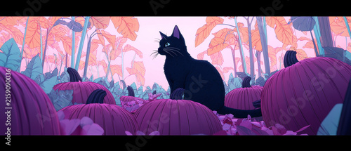 Vibrant scene: Black cat among purple pumpkins, surrounded by stylized pink, orange, and teal foliage in a dreamlike setting