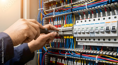 Professional Electrician Servicing Industrial Control Panel | Electrical Engineer Wiring Circuit Breakers in Switchboard | Close-Up of Electrician Maintenance on Control Cabinet Wires 