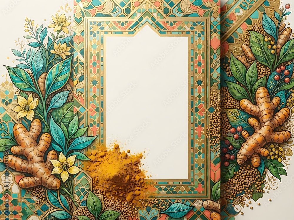 Ornate frame with turmeric roots, leaves, and golden spice powder in an exotic pattern for decorative and thematic presentations.