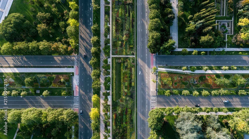 Fototapeta premium Aerial view of a modern urban highway surrounded by lush greenery and landscaped pathways