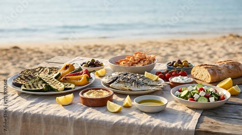 Fresh mediterranean food spread with grilled vegetables fish salad and bread on a rustic wooden table. beachside meal spread