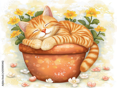 Adorable orange tabby kitten naps blissfully in a terracotta pot amidst yellow flowers and fallen petals
