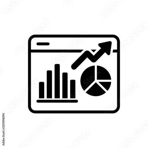 Black and white of a digital dashboard showing a rising bar chart and a pie chart with an upward arrow on a white background