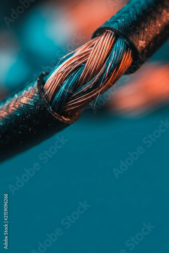 Close-up of thick copper electrical wire strands