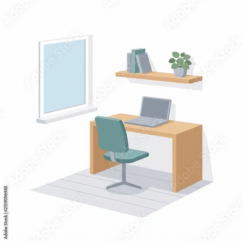 Minimalist isometric home office interior with desk, laptop, and chair near a window illustration.