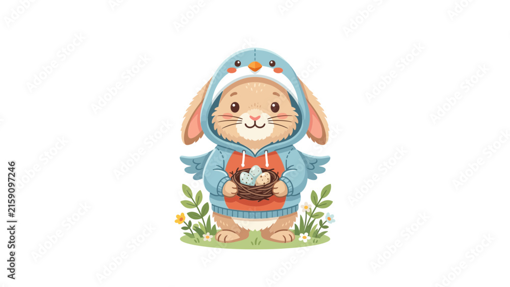 Fototapeta premium Bunny in blue penguin hoodie holding Easter eggs.