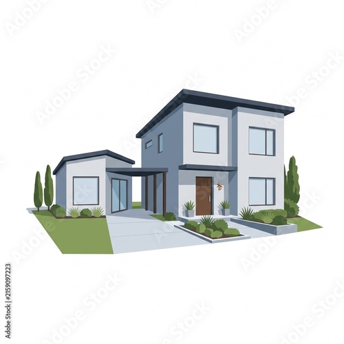 Modern two-story residential house illustration with minimalist design and garden landscape.