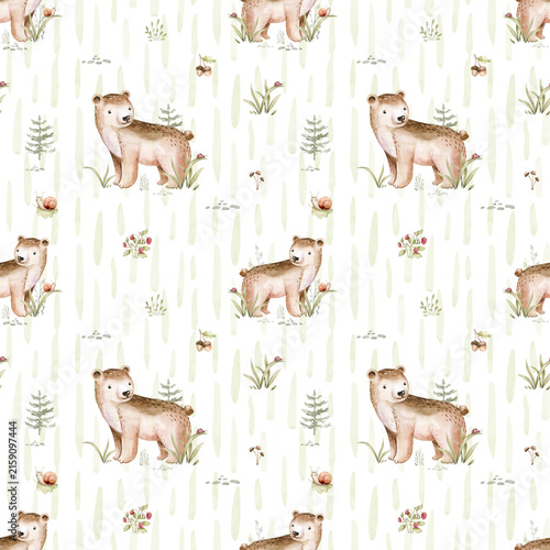 Watercolor seamless pattern with cute baby bear and woodland nursery for children with stump and acorn forest drawing with floral elements. 
