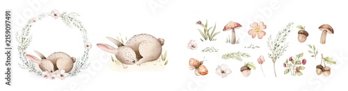 Watercolor cute sleeping baby bunny animal. Woodland nursery isolated whimsical rabbit illustration soft pastel for children. watercolour stump and acorn forest drawing with floral elements. 