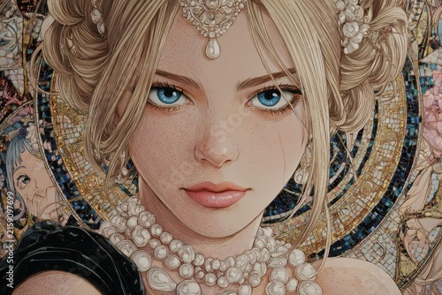 Anime Style Portrait of a Blonde Woman with Blue Eyes Wearing Pearls
