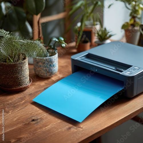 Printer Outputs Blue Paper on Wooden Desk Near Plants