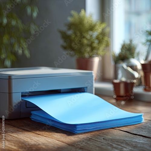 Printer Outputting Bright Blue Paper in Home Office