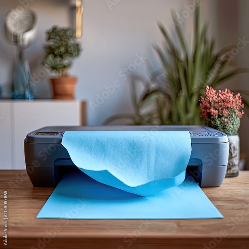 Printer Outputting Blue Paper on Wooden Desk in Home Office