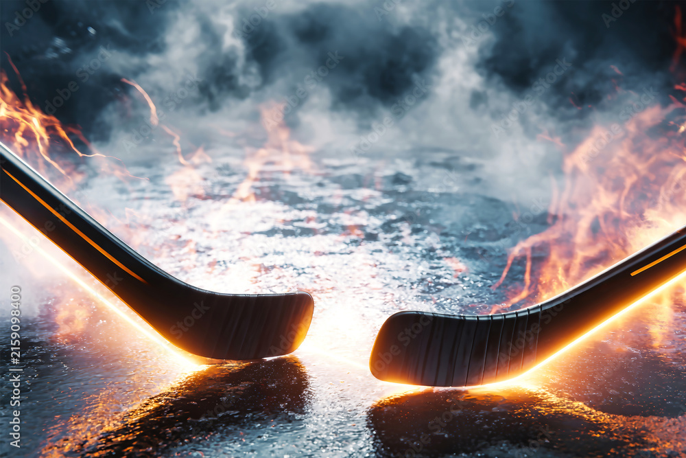 Fototapeta premium Two modern hockey sticks engage in a heated battle for the puck