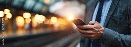 Businessman Uses Smartphone in Blurred Urban Setting at Dusk