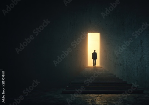Businessman Steps Toward Glowing Doorway Representing Opportunity and New Beginnings