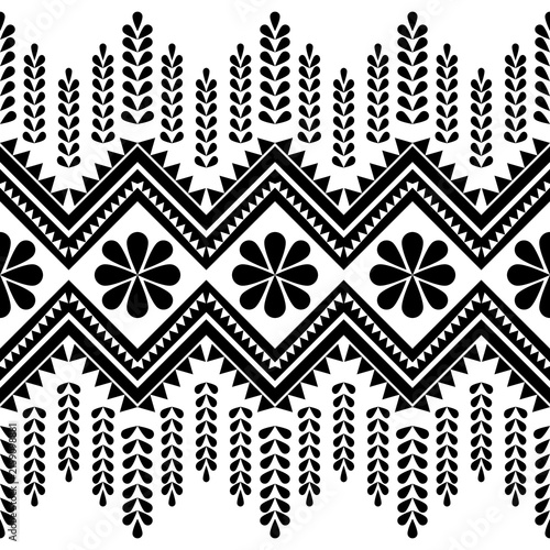 Black and White Ethnic Geometric Tribal Pattern with Geometric Flowers