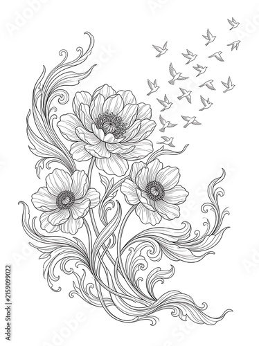 Elegant floral arrangement with blooming anemone flowers, decorative flourishes, and a flock of flying birds in a detailed line art style
