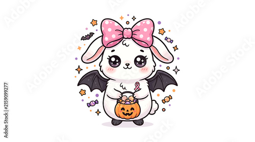 Cute Halloween Bunny with Bat Wings and Pumpkin Pail