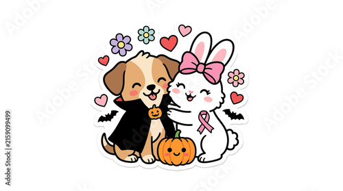 Cute Halloween Puppy and Bunny with Pumpkin Illustration