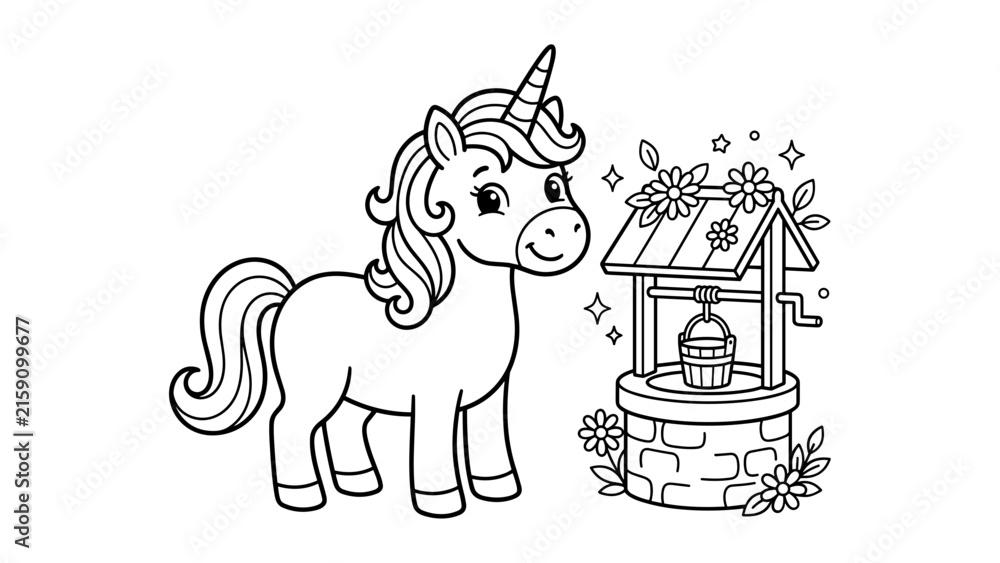 Fototapeta premium Sweet unicorn by wishing well coloring page with floral details for girls art collections