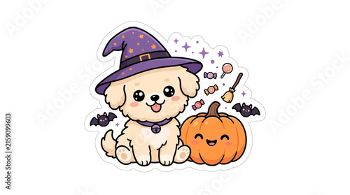 Cute Halloween Puppy with Witch Hat and Pumpkin Sticker