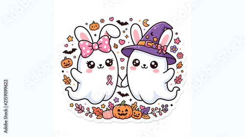 Cute Halloween Ghosts with Pumpkins Illustration