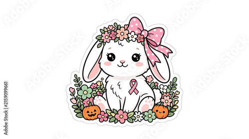 Cute Bunny with Pumpkin and Flowers Illustration