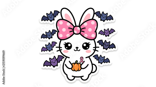 Cute Halloween Bunny with Pumpkin and Bats Kawaii Illustration