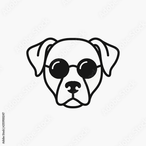 Minimalist black line art vector illustration of a dog's head wearing round sunglasses, frontal view of a Labrador or Boxer puppy face icon on a solid white background.