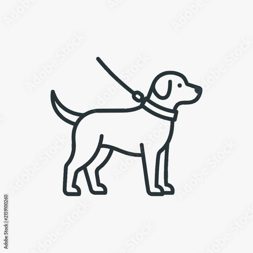 Minimalist line art illustration of a domestic dog wearing a collar and leash, side profile silhouette icon isolated on white background, representative of pet walking or animal control.