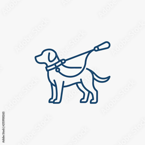 Blue line art vector illustration of a standing retriever-style dog wearing a collar and attached to a leash with a handle, minimalist canine pet icon on light background.