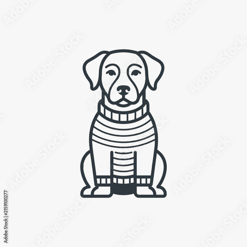Minimalist black line art vector illustration of a Labrador retriever dog sitting forward wearing a striped knitted sweater, isolated on a plain white background for logo or icon design.