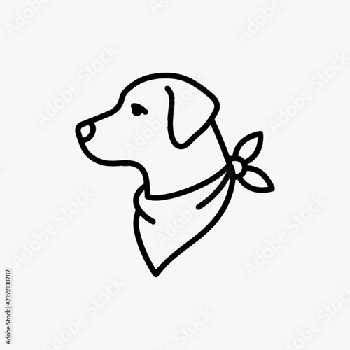 Minimalist vector illustration of a dog head profile wearing a bandana, featuring clean black line art of a Labrador or Golden Retriever breed on a plain white background for pet logo design.